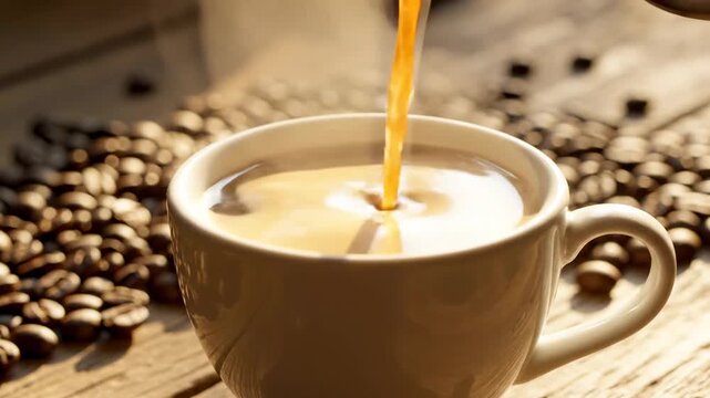 Pouring hot coffee into a white cup surrounded by roasted coffee beans on a wooden table in the morning light