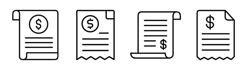 Receipt vector set, financial document, bill icon, invoice symbol, paper roll, dollar sign vector