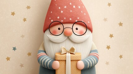 Christmas gnome holding gift box with stars background