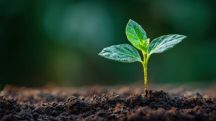 Young vibrant sprout emerges from rich dark soil against a soft green background