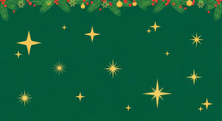 Festive green background with golden stars and christmas garland decoration at the top edge created with generated ai