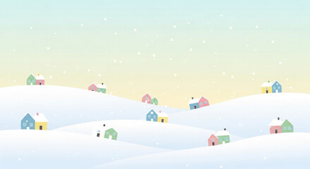 Illustration of a snowy landscape with colorful houses under a pastel gradient sky during snowfall created with generated ai