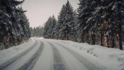 Snowy Forest Road in Winter Landscape.