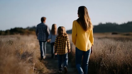 4K A cinematic natural 4K promo photo of a happy family walking together outdoors on a sunny autumn day. Parents and two children hold hands, walking along a dry grassy