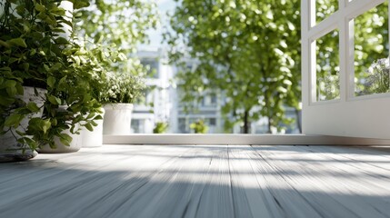 Fototapeta premium Sun-Drenched Wood Floor and Greenery Near an Open Window with Garden View