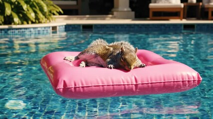 Squirrel enjoys a relaxing day on a pink float in a sparkling blue pool under the sun