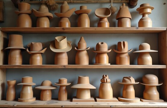 Wooden hat blocks for felt hats on shelves in millinery workshop. Various wood forms, molds special tools for shaping headwear. Traditional craft equipment used for manufacturing handmade fashion - Powered by Adobe