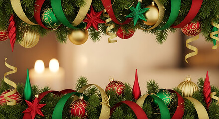 Festive Christmas border with pine branches, red and gold ribbons, and ornaments, with blurred background and candles.