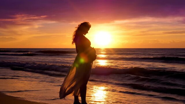 Beautiful sunset silhouettes a pregnant woman walking on the beach at twilight - Powered by Adobe