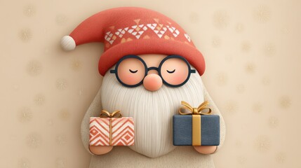Cute Christmas gnome character holding festive presents