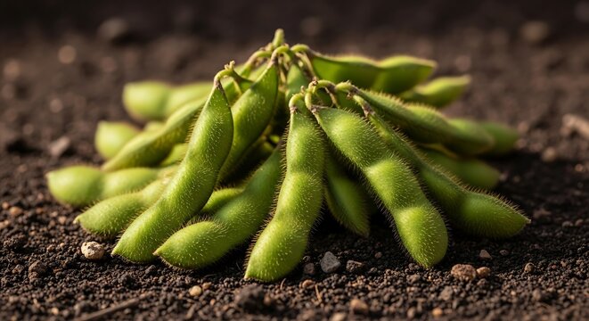 Fresh Green Soybeans Still in Pods on Soil Ground