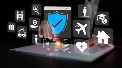 Various insurance icons like travel, health, home, and car protection connected to a central blue shield icon Parse
