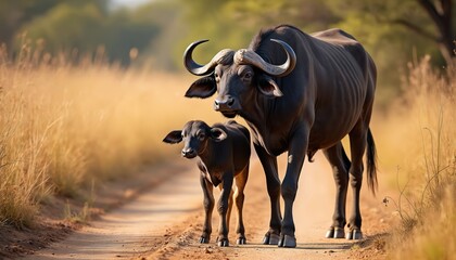 African buffalo cow with small calf walking on dirt road in savanna. Wild mother protects baby on path through dry grass. Animal family in nature during safari exploring African wilderness on sunny