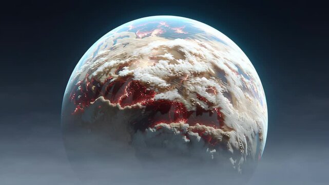 Planet with a lot of clouds and a red spot on it. The planet is surrounded by a lot of smoke and the sky is dark