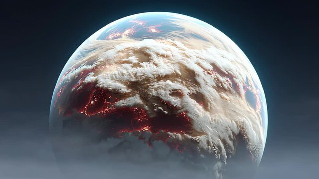 Planet with a lot of clouds and a red spot on it. The planet is surrounded by a lot of smoke and fire