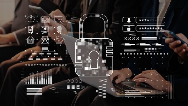 Focus on digital security in a business environment, highlighting the importance of data protection, user authentication, and cybersecurity strategies for modern workspaces. Raster