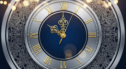 Ornate silver and gold clock with Roman numerals, hands nearing midnight, festive lights.