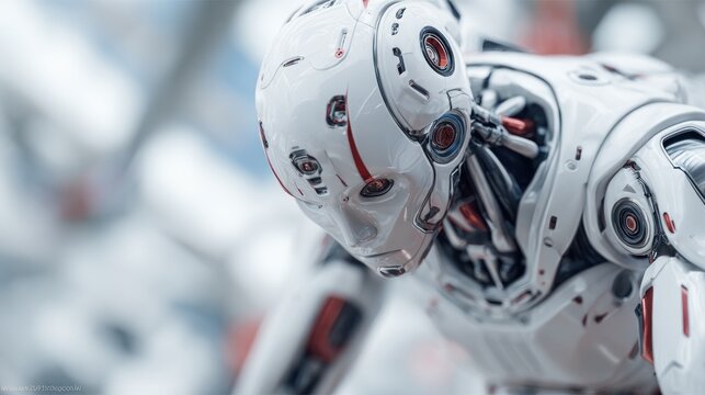 Futuristic android portrait poised for action in advanced technology setting