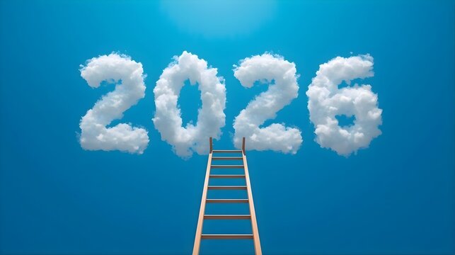Ladder reaching towards clouds shaped like the year 2026