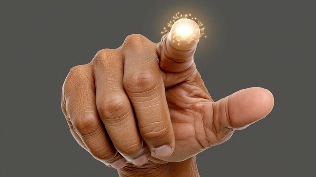 Hand pointing to a glowing object. Concept of excitement and curiosity, as the hand is reaching out towards the glowing object. The glowing object could represent something new, interesting