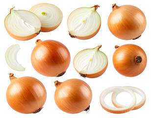 Many brown onions, sliced, whole, halves, on black ground