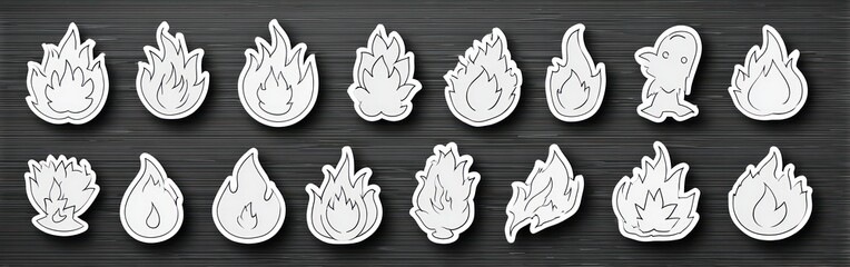 Collection of various fire icons on white paper.
