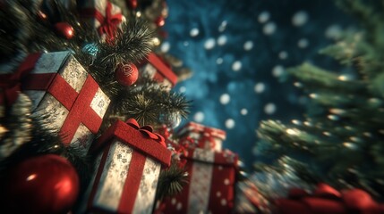 Wrapped Christmas gifts and ornaments under a festive tree with snow and lights.