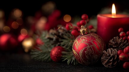 Elegant Christmas scene with red ornament, pinecones, berries, and candle.