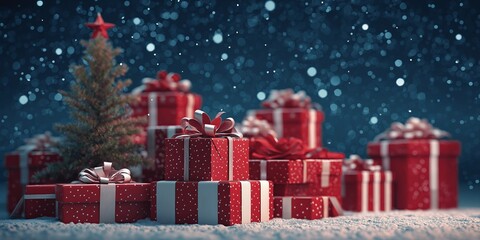 Christmas tree with red-and-white presents in a snowy, festive setting.
