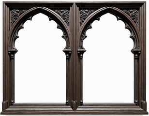 Dark brown antique style wooden frame isolated on white. Features two gothic arches with ornate carved details. Classic wood frame hold pictures, art, mirrors. Great architectural decor element for