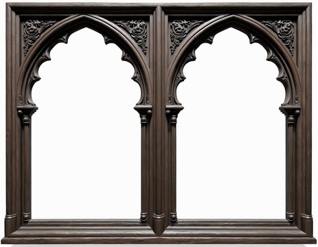 Dark brown antique style wooden frame isolated on white. Features two gothic arches with ornate carved details. Classic wood frame hold pictures, art, mirrors. Great architectural decor element for