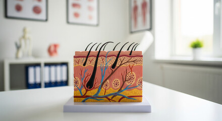 Cross-Section Anatomical Model of Human Skin Structure Showing Hair Follicle, Epidermis and Dermis Layers
