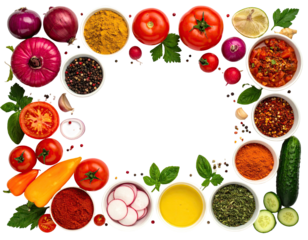 Food border veggies, spices, herbs, black background