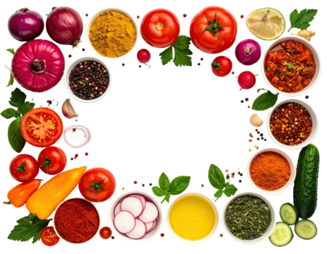 Food border veggies, spices, herbs, black background