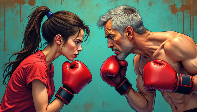 Young woman and older man face off in boxing match. Red gloves up ready to fight. Dynamic conflict between generations or genders, intense stare down.