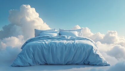 Illustration features bed floating among clouds. Dreamlike scene showcases cozy bed with soft blue bedding. Background includes fluffy white clouds and clear blue sky creating peaceful atmosphere.