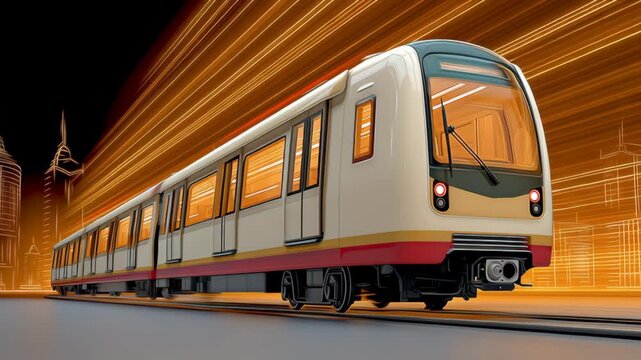 Train is moving through a city with tall buildings in the background. The train is long and has many windows