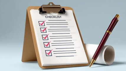 Clipboard with a check list is placed on a surface with a pen next to it. The check list is a list of tasks or items that need to be completed or checked off