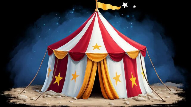 Large red and white circus tent with stars on it. The tent is on a sandy ground