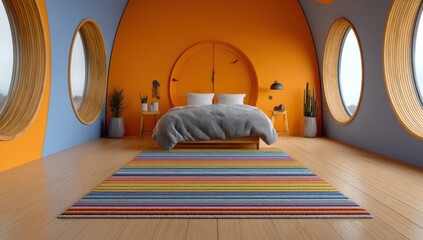 Colorful bedroom interior with large arched windows.