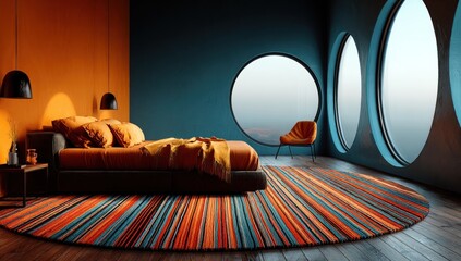 Modern bedroom with vibrant colors and large windows.