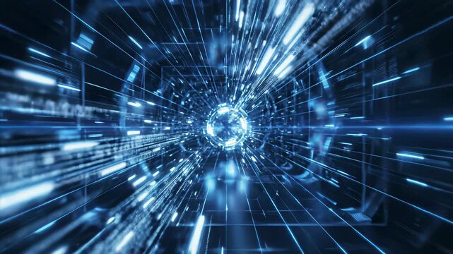 Futuristic blue tunnel glowing intensely in darkness, symbolizing innovation and progress, perfectly suited for backgrounds or advertisements showcasing cutting edge technology, new products.