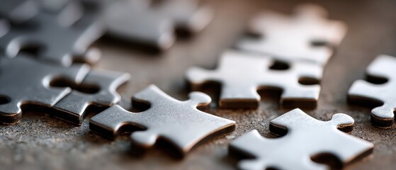 Metallic puzzle pieces scattered on a textured surface, symbolizing problemsolving, strategy, and connection Concept of business challenge, teamwork, and finding the missing solution