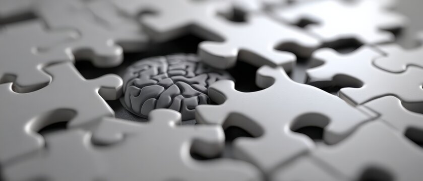 3D rendered human brain model surrounded by scattered white jigsaw puzzle pieces, symbolizing complex thought, problemsolving, mental health, and cognitive challenges