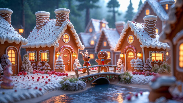 AI-generated image of a winter wonderland of Christmas spirits, where gingerbread houses and a river come to life - Powered by Adobe