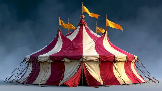 Large red and white circus tent with yellow flags on top. The tent is empty and the flags are blowing in the wind