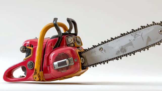 Red and yellow chainsaw with a black chain. The chainsaw is open and the chain is visible