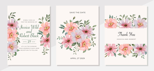 Wedding invitation with peach floral watercolor background
