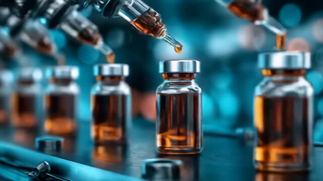 A  shot captures a laboratory scene of medical vials and droppers, featuring a drop of liquid falling into a vial with a blurred blue background suggesting scientific experimentation.