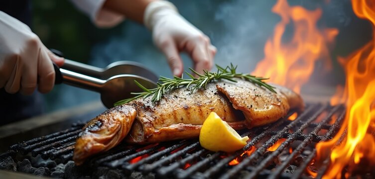 Chef grills whole fish on barbeque. Flame broiled seafood on the grill garnished by rosemary and lemon slice. Cook holds metal tongs. Hot smoke rises. Summer culinary cooking concept.